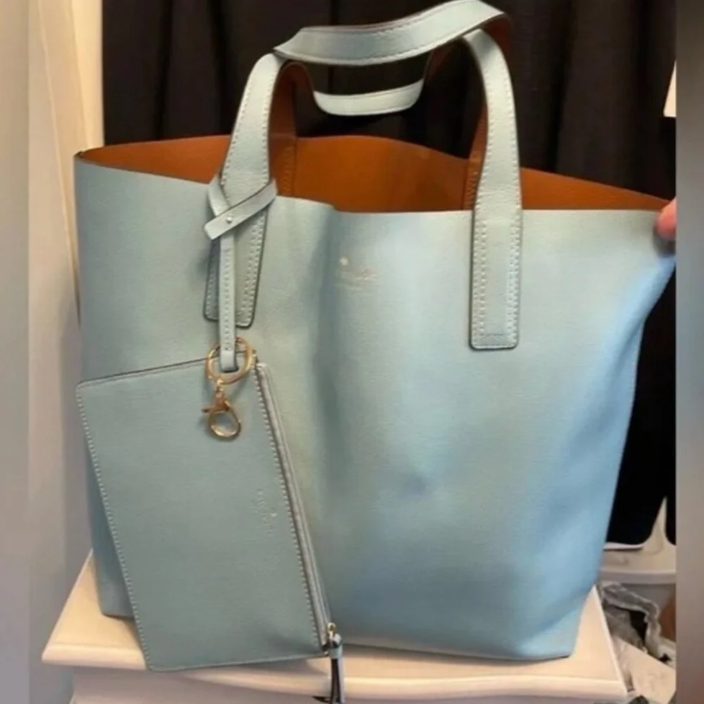 Light Blue Leather Kate Spade Tote Bag with Pouch - Picture 1 of 3